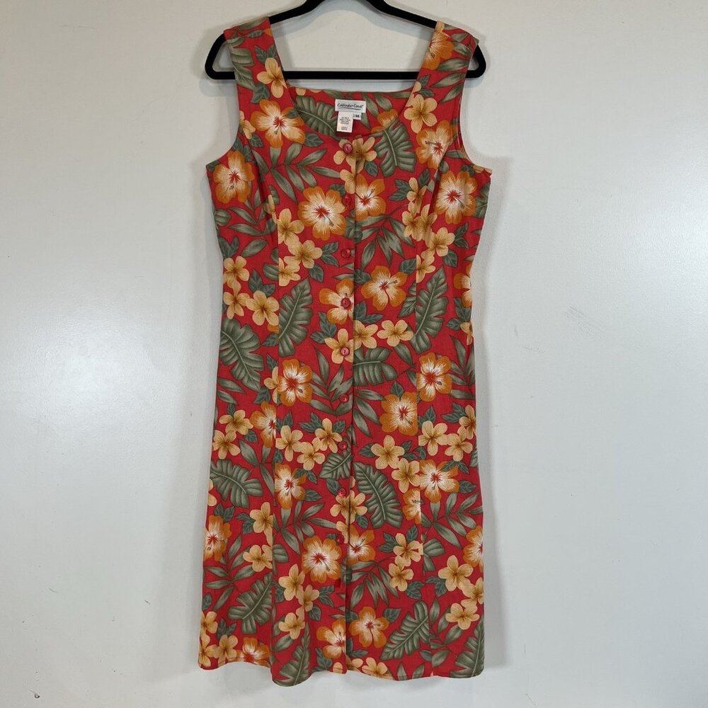 Coldwater Creek Dress Sleeveless, Button Front, Linen Blend, Tropical, Red 14